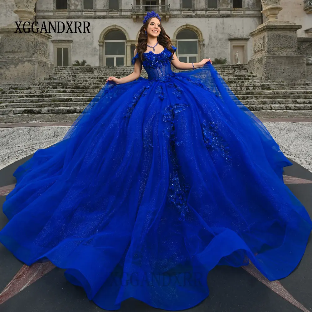 

Customized Royal Blue Ball Gown Quinceanera Dresses 2026 Gorgeous Floral Pearl Birthday Party Vestido De 15 Quinceañera Big Bow