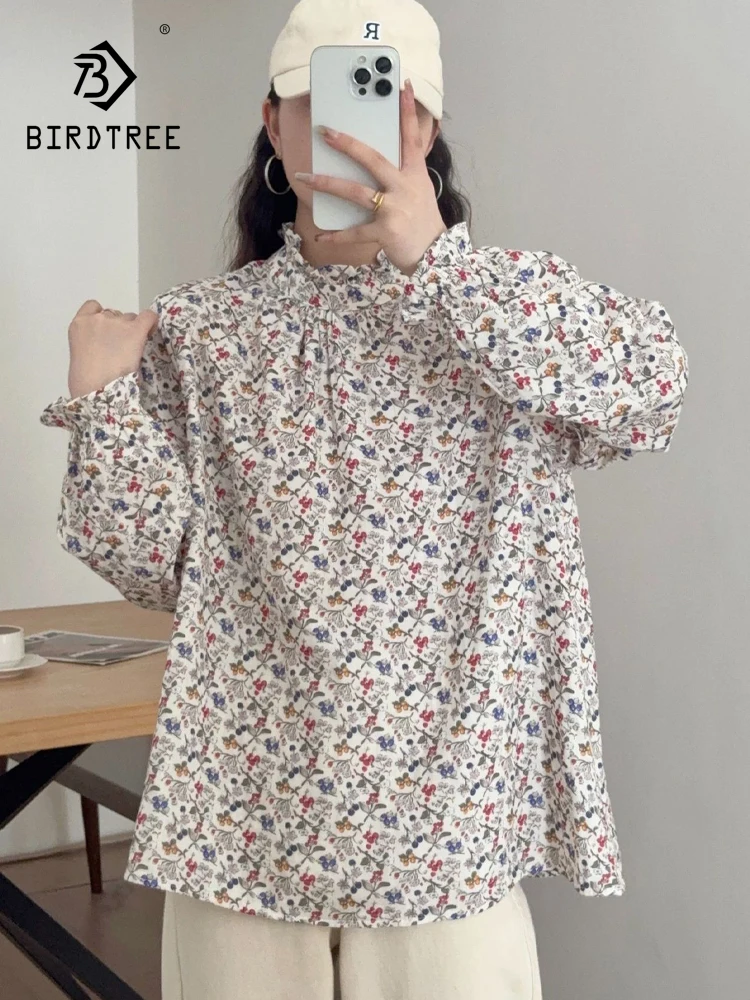 New 2026 Autumn Women Cotton Long Sleeve Shirt, Stand Floral Print, Mori Girl French Preppy Style Sweet Loose Blouse T67646CC