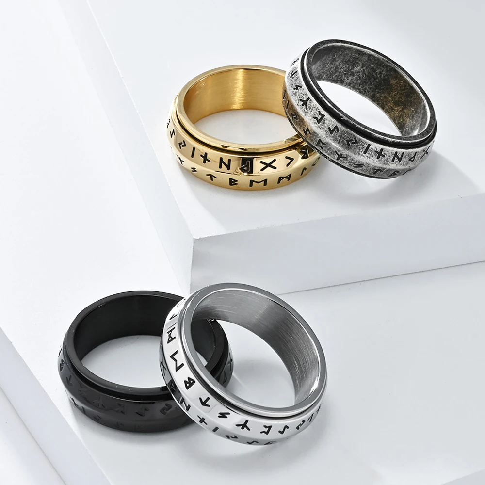 Fashion Simple Rune Rings for Men Women Stainless Steel Rotatable Decompression Ring Vintage Trendy Jewelry Gifts Wholesale