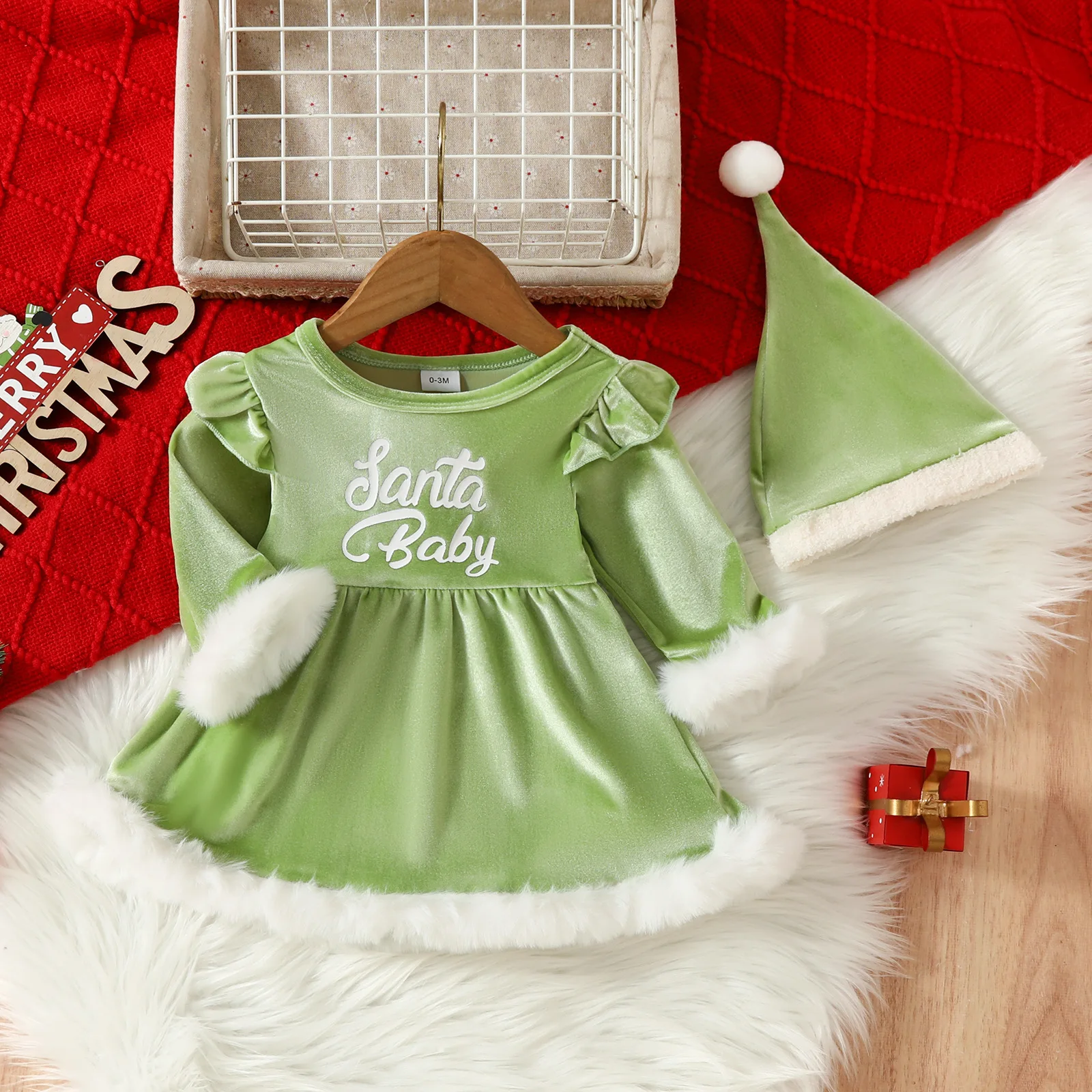 2024 Christmas Letter Print Fluffy Long-sleeved Ha Dress Hat Two-piece Set Fashion Baby Clothing festival