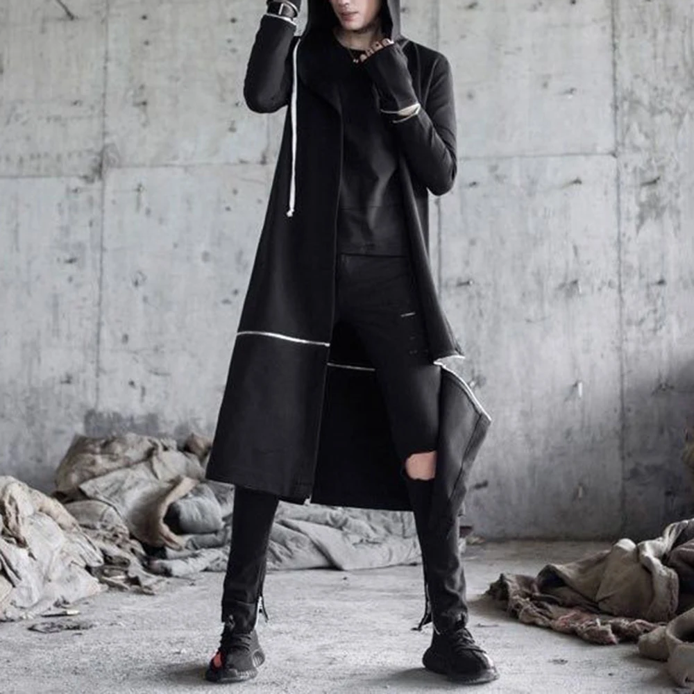 Mens Zippered Mid-Length Dark Casual Hoodie Autumn Streetwear Nightclub Fashion All-Match Windbreaker Men'S Clothing 2025 New