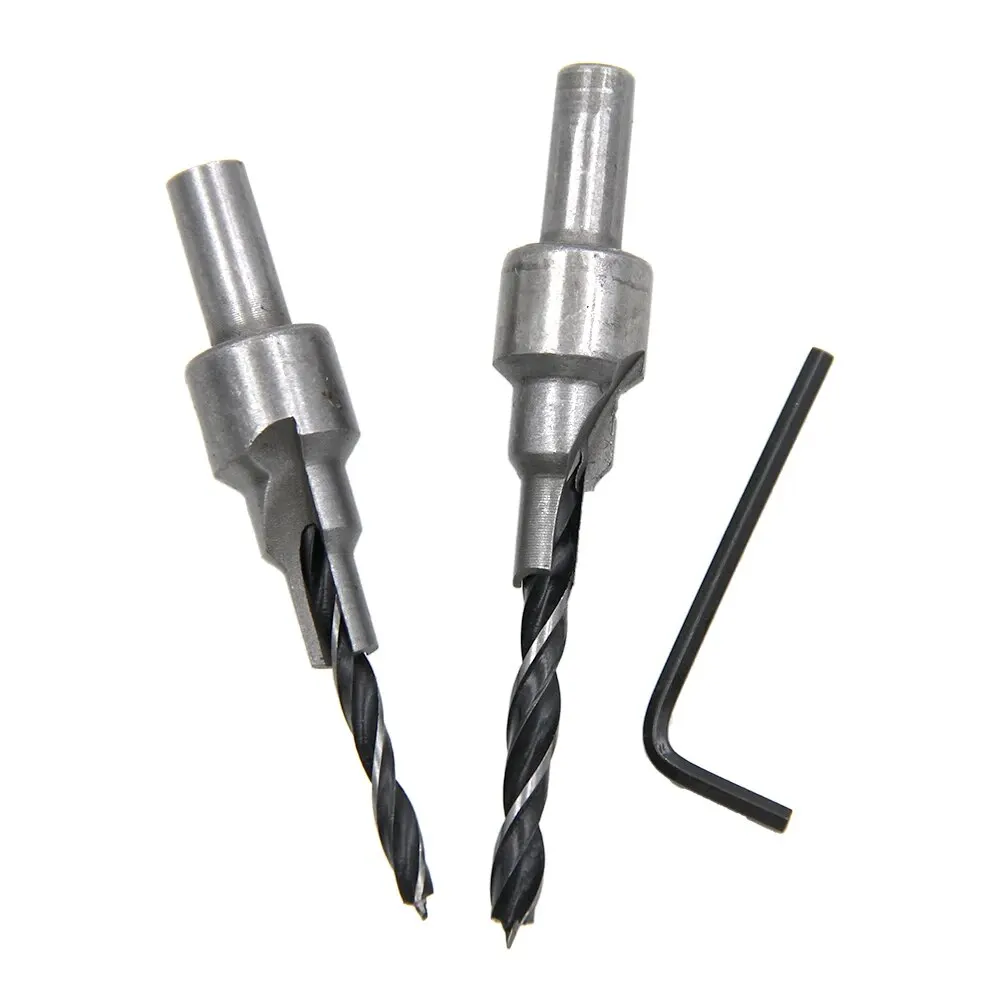 2PC Two Edge Three Step Woodworking Three Point Countersunk Hole Drill 4/5mm Self Centering Cone Hole Drill Bit Wrench Tool Set