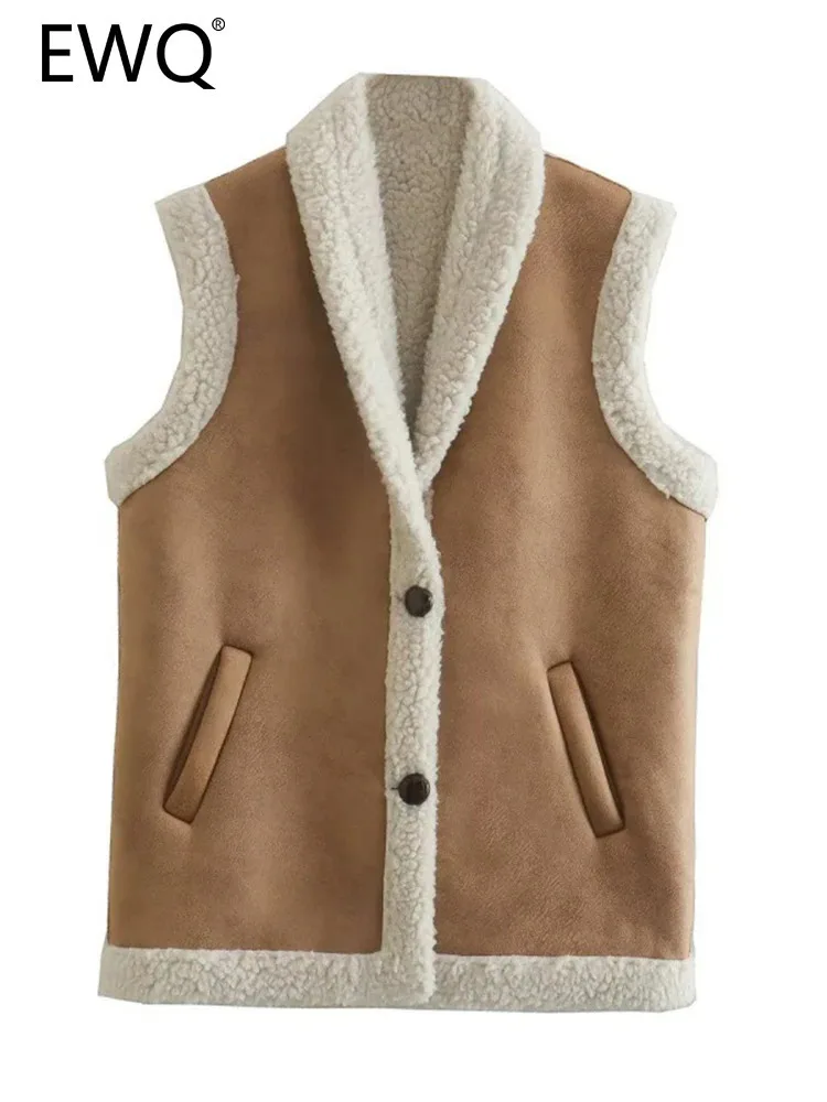 EWQ Women's Lamb Woolen Vest Coat 2024 Autumn Winter New Lapel Collar Sleeveless Block Color Thick Versatile Coats 27X1927