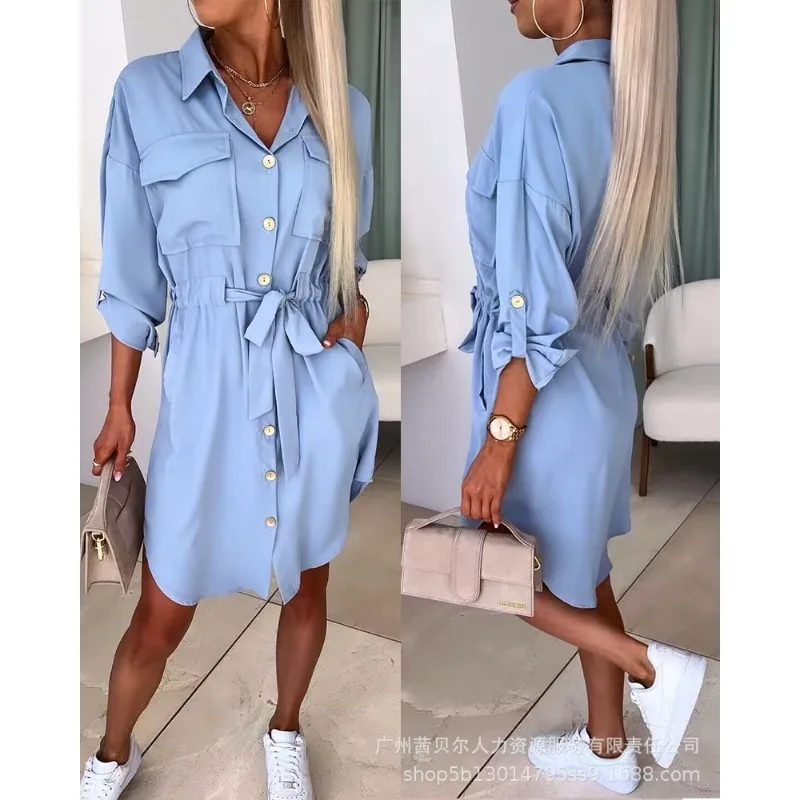 2023 abito camicia donna estate autunno Solid tasche larghe abito monopetto donna manica lunga camicia abito colletto rovesciato