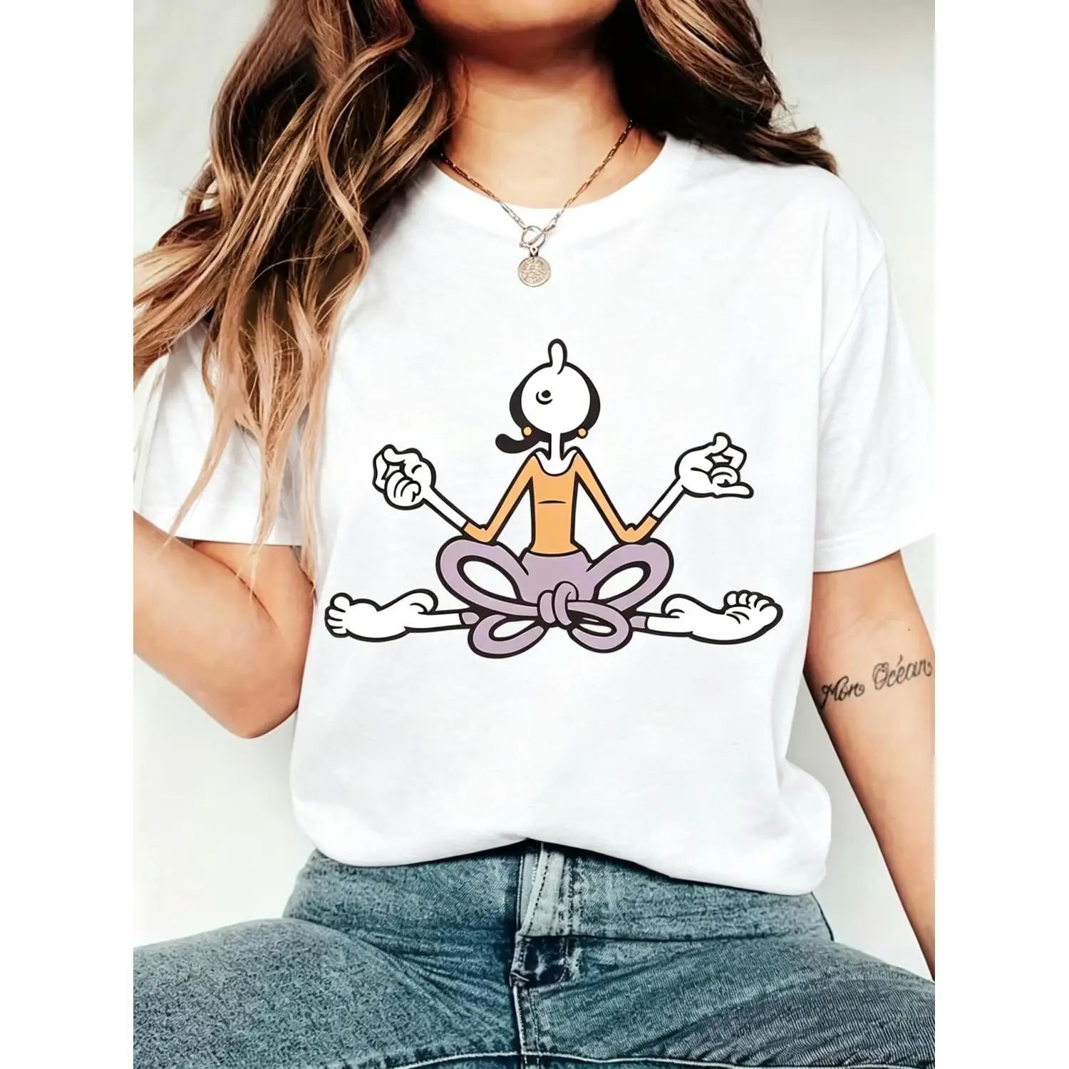 Women'S Autumn Clothing, Cartoon Yoga Meditating Print Round Neck Short Sleeve T-Shirt, Comfortable Soft Fashionable Elegant Vintage Casual Versatile Spring Summer Fall Winter Athletic Style Top Available