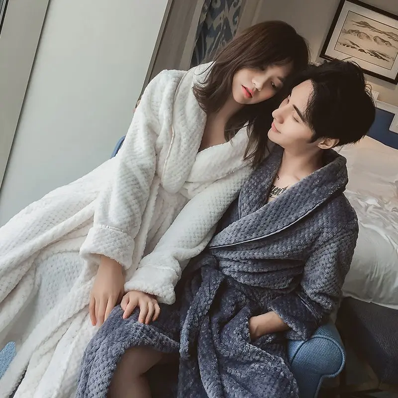 Flannel Couple Sleepwear Autumn Winter Warm Pajamas Large Size Nightgown Robe Long Sleeve Belt Coral Velvet Loungewear Bathrobe