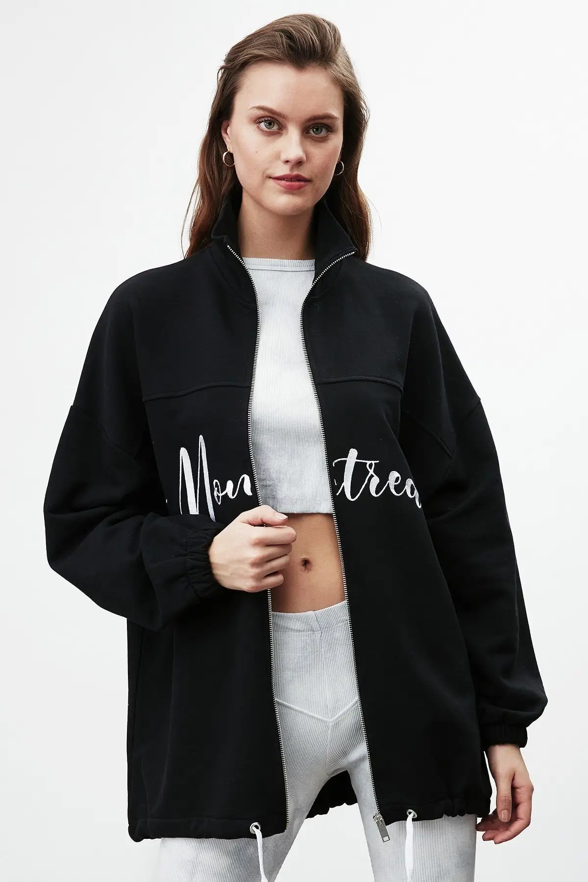 Women's Black Fronting Embroidered Zipped Sweatshirt