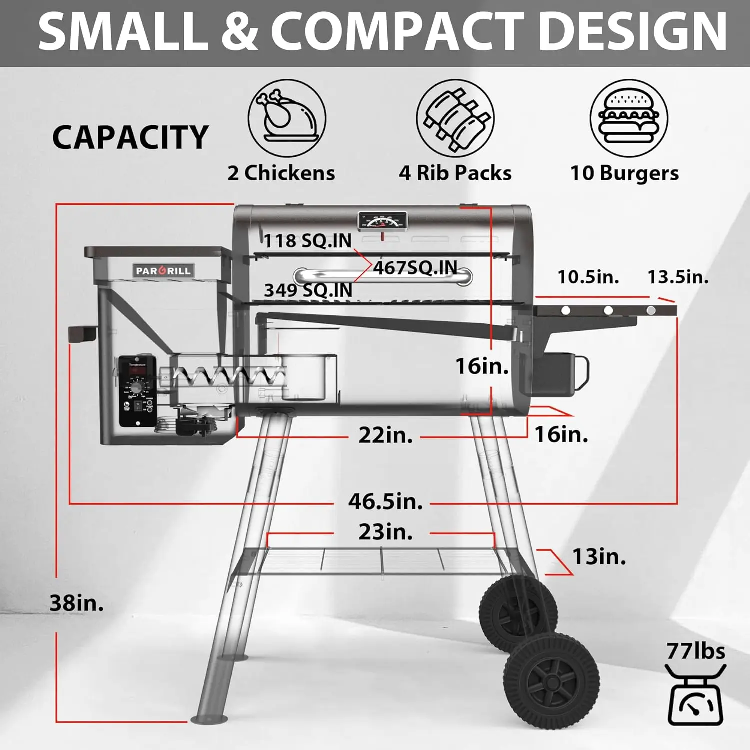 Small Wood Pellet Grill & Smoker, 467 Sq.In, Electric BBQ Grill Outdoor Multifunctional Temperature Control with Cover