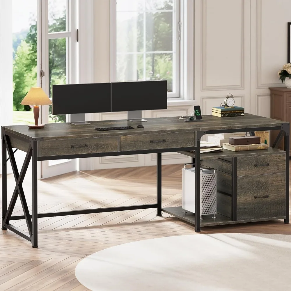 

63" Office Desk with 4 Drawers, Computer Desk with File Drawer & Power Outlet, Home Office Desk