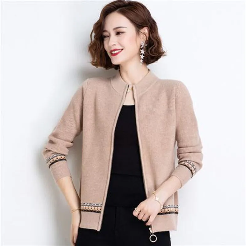 Chinese Style Printing Zipper Premium Cardigan Half High Collar Thick Women\'s Clothing Slim Embroidery Hot Selling Wild Knitting