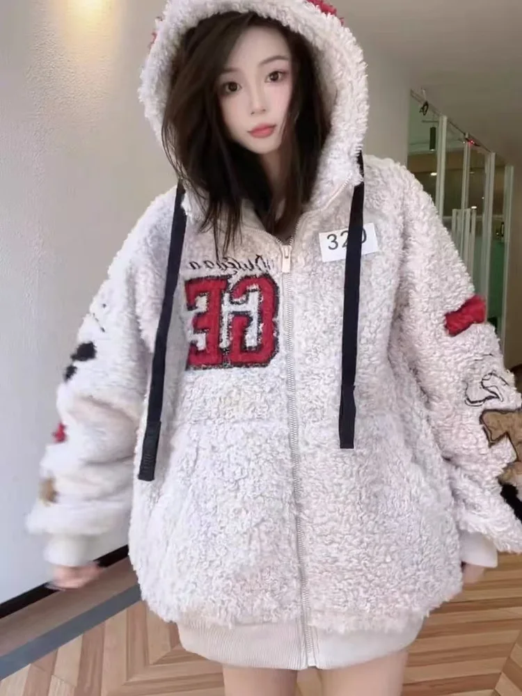 

Heavyweight Embroidered Knot Daisie Lamb Fur Lined Hooded Jacket Women's Autumn Winter plus Size Street Style Casua...