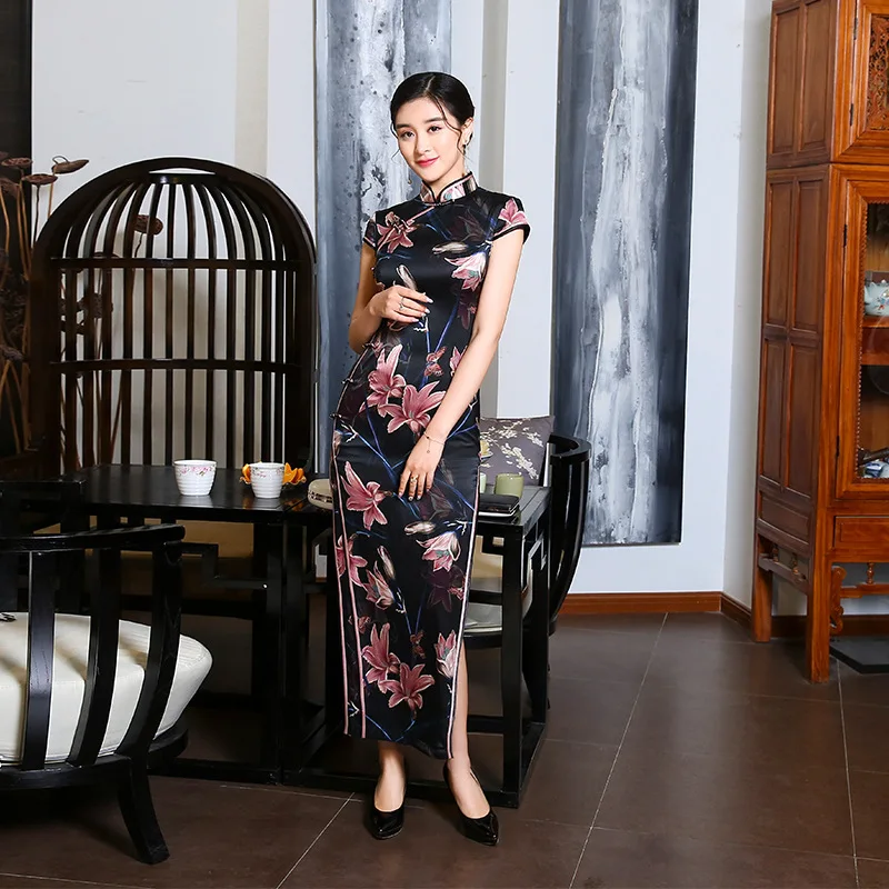 

Summer Black High-End Silk High Quality Real Silk Dress Cheongsam Qipao for Women Improved Dress Chinese Style High Sense