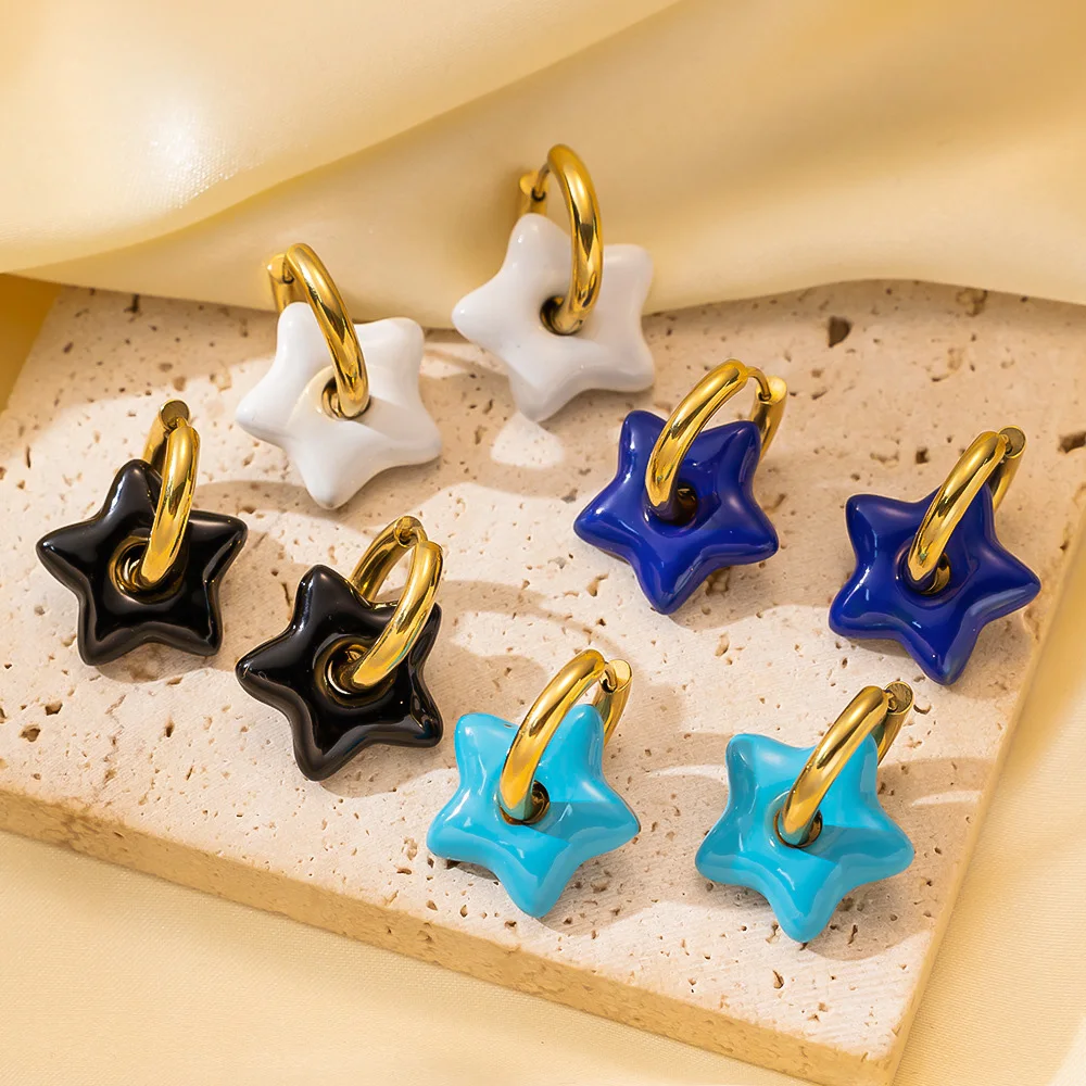 Drop-glazed Five-pointed Star Earring for Women Stainless Steel Metal Various Colors Earrings Gift for Girlfriend