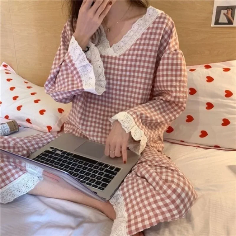 Pajama Sets Women Plaid Lace Designed All-match Daily Home Basics Korean Style Lovely Stylish Prevalent Age-reducing Students