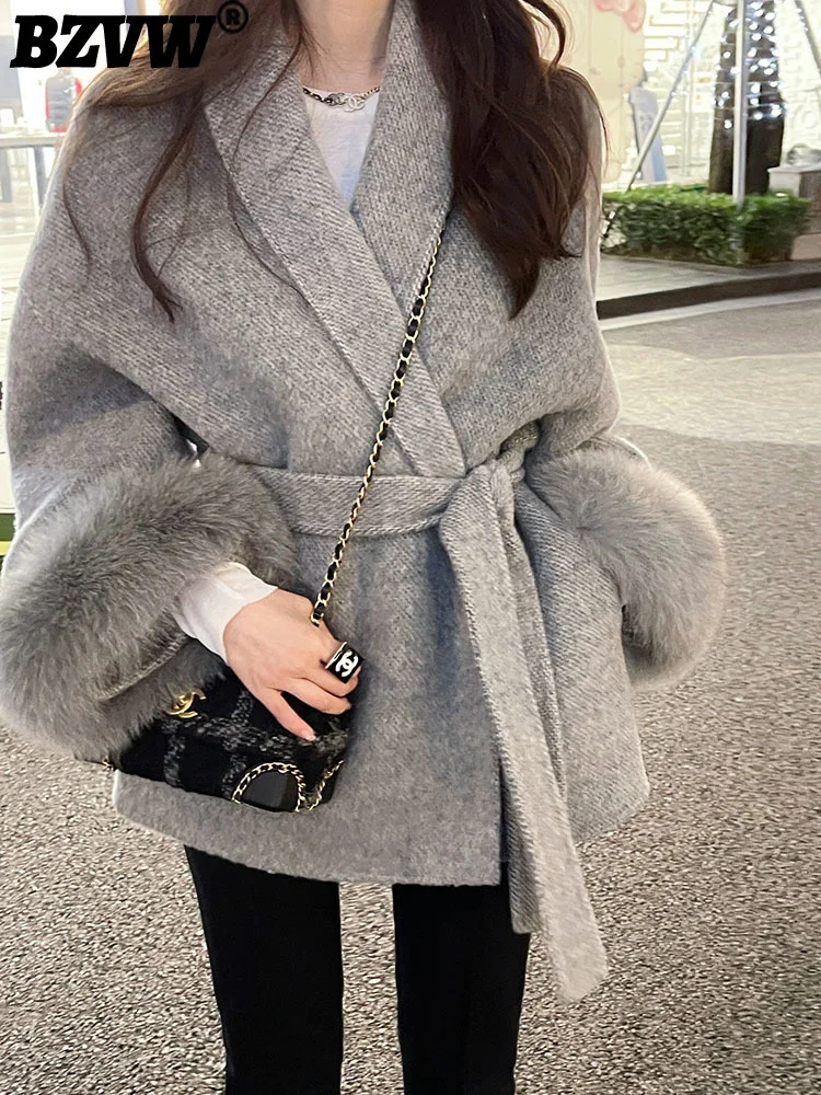 

BZVW High End Double-sided Wool Strapping Coat Women's Removable Cuffs Fox Fur Temperament Double-sided Cashmere Short Jacket