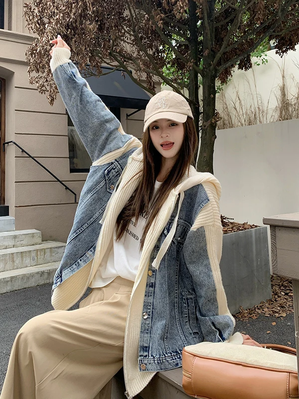 

Женская джинсовая куртка-панель, пальто, искусственный свитер из двух частей с капюшоном, утепленная теплая ниша, Harajuku, осенне-зимние повседневные топы для ленивых