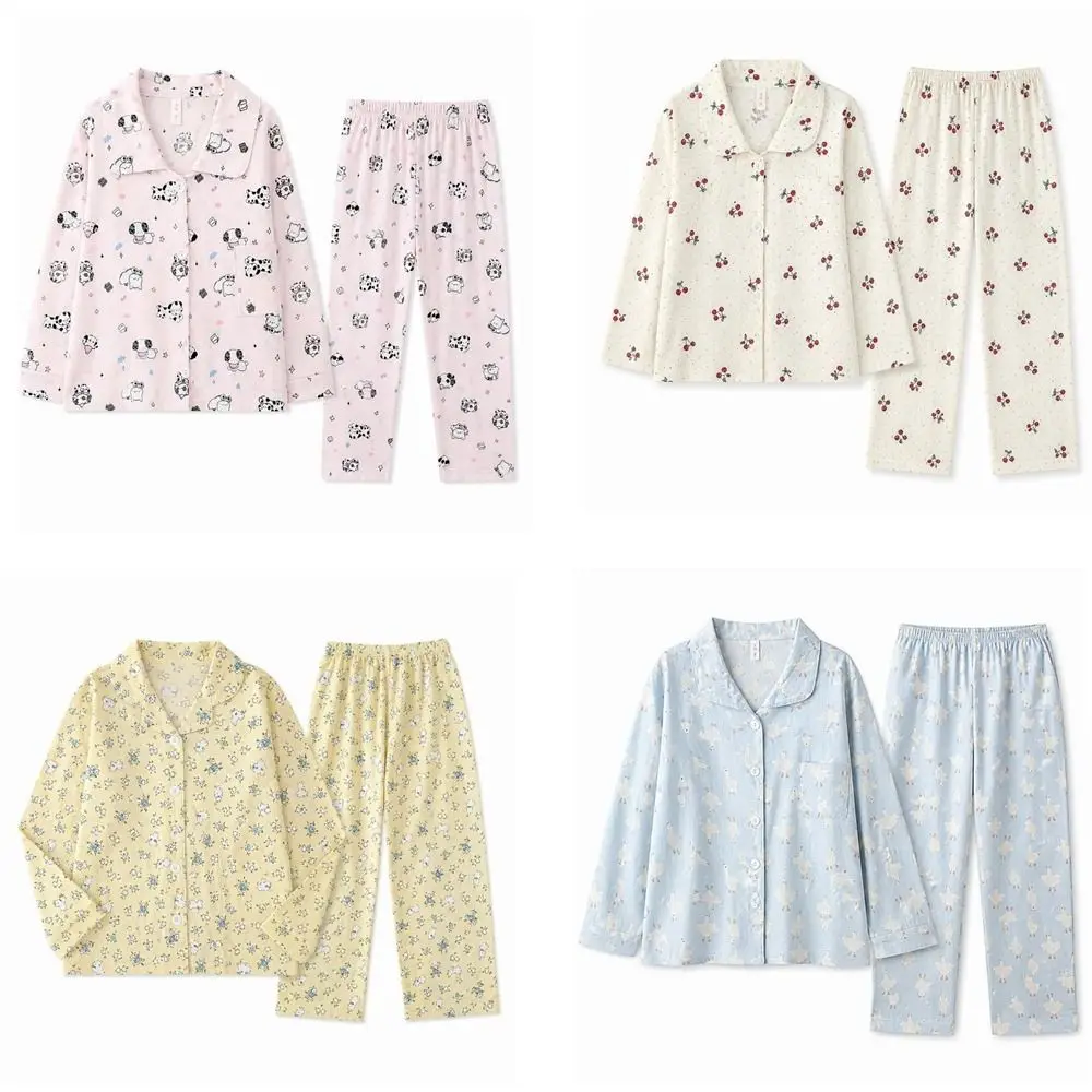Langarm-Pyjama-Set für Damen mit Hund-, Hasen- und Blumenmuster, langes Schlafanzug-Set, Cartoon-Kirschen-Motiv, 2-teiliges Pyjama-Set für Studentinnen und Mädchen – Detail 1
