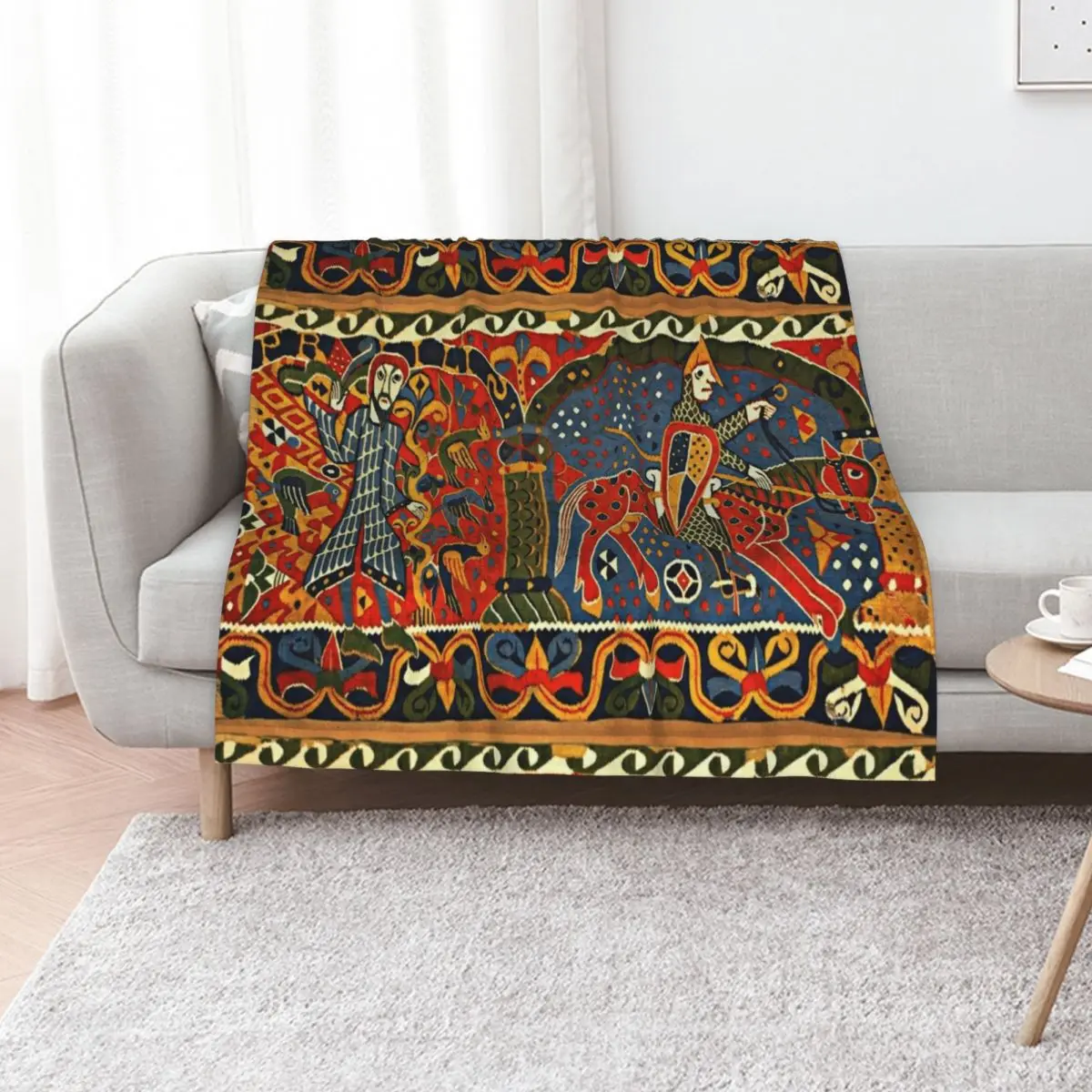 NORWEGIAN BALDISHOL TAPESTRY , Medieval Knight Horseback Throw Blanket Furry Bed for babies heavy to sleep Beautifuls Blankets