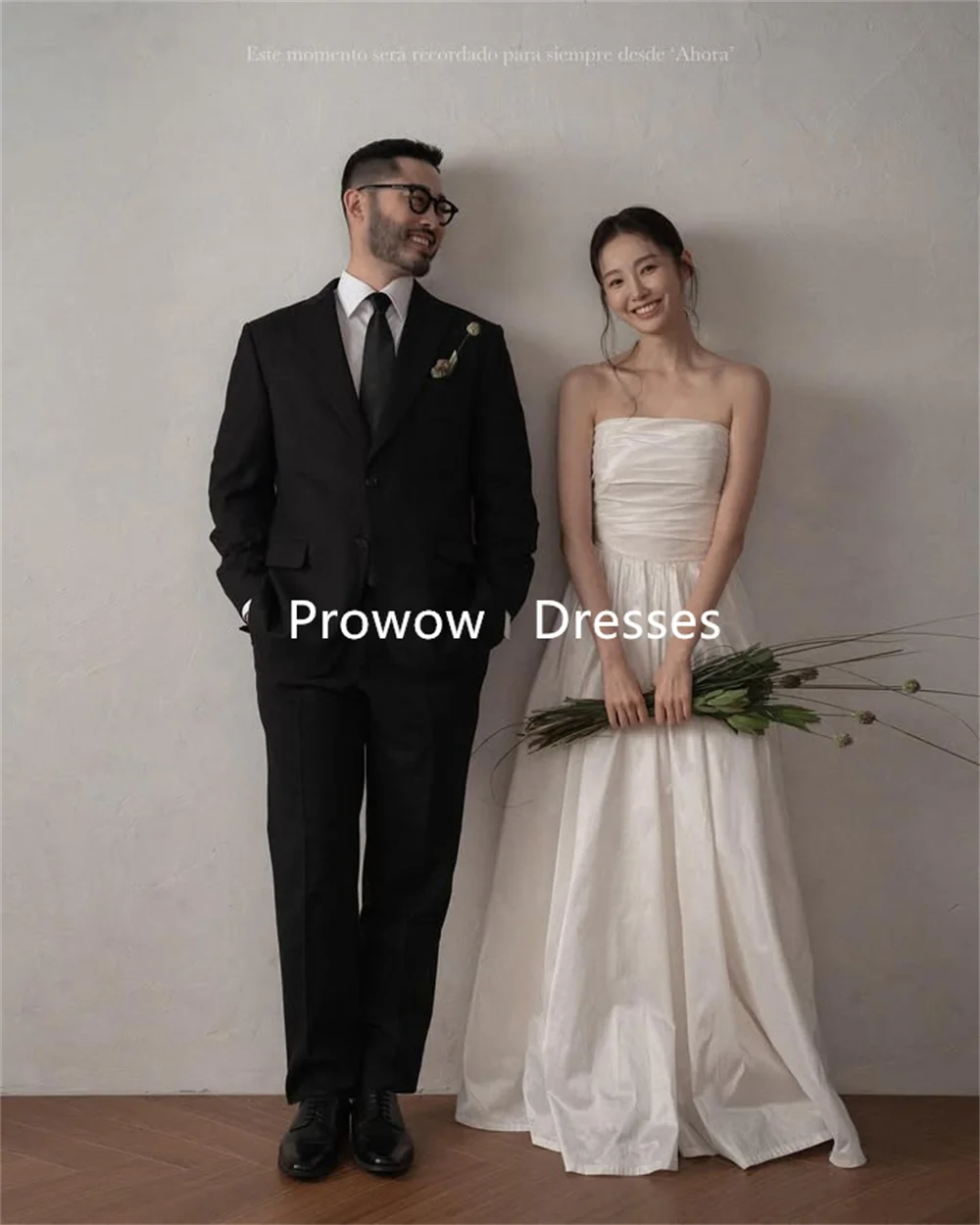 Prowow Simple A Line Taffeta Korea Wedding Dresses Customized Photoshoot Strapless Corset Back Floor Length Bridal Gown Plus Siz