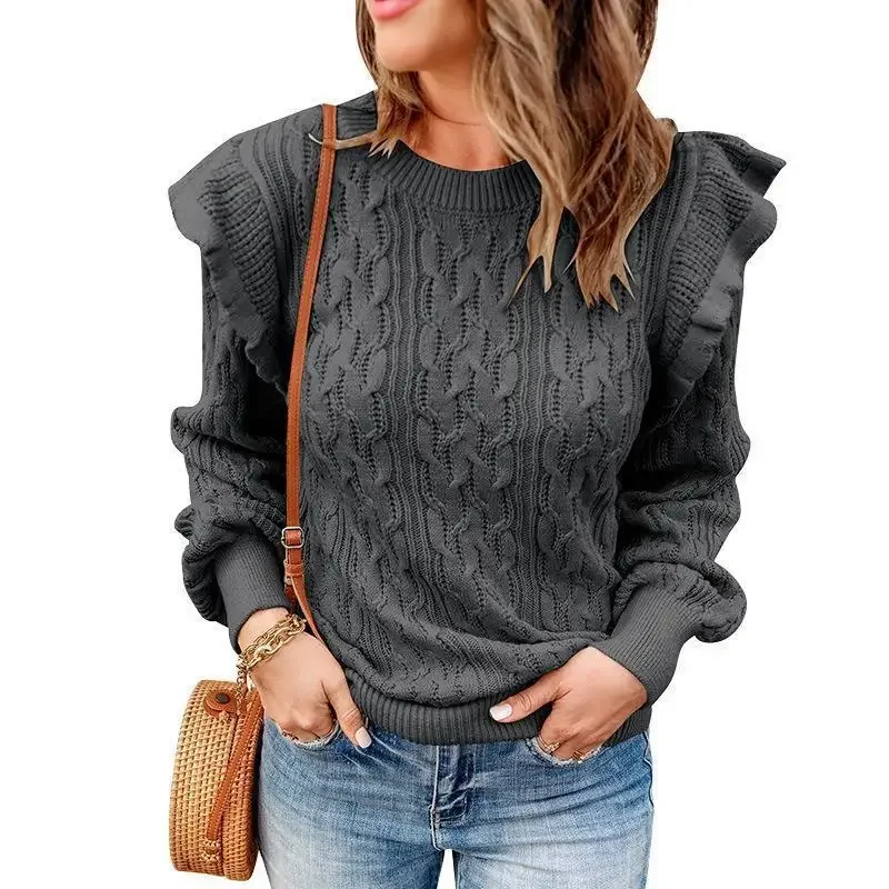 

Winter Pullover Sweater Women Knitted Tops Ruffles Boho Plus Sizes Casual Long Sleeve Pull Female Solid Sweaters Pullovers