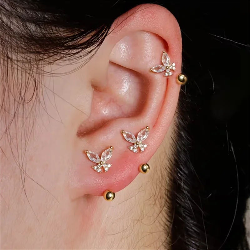 2PCS Elegant Butterfly Screw Stud Earrings, Shiny Zircon
