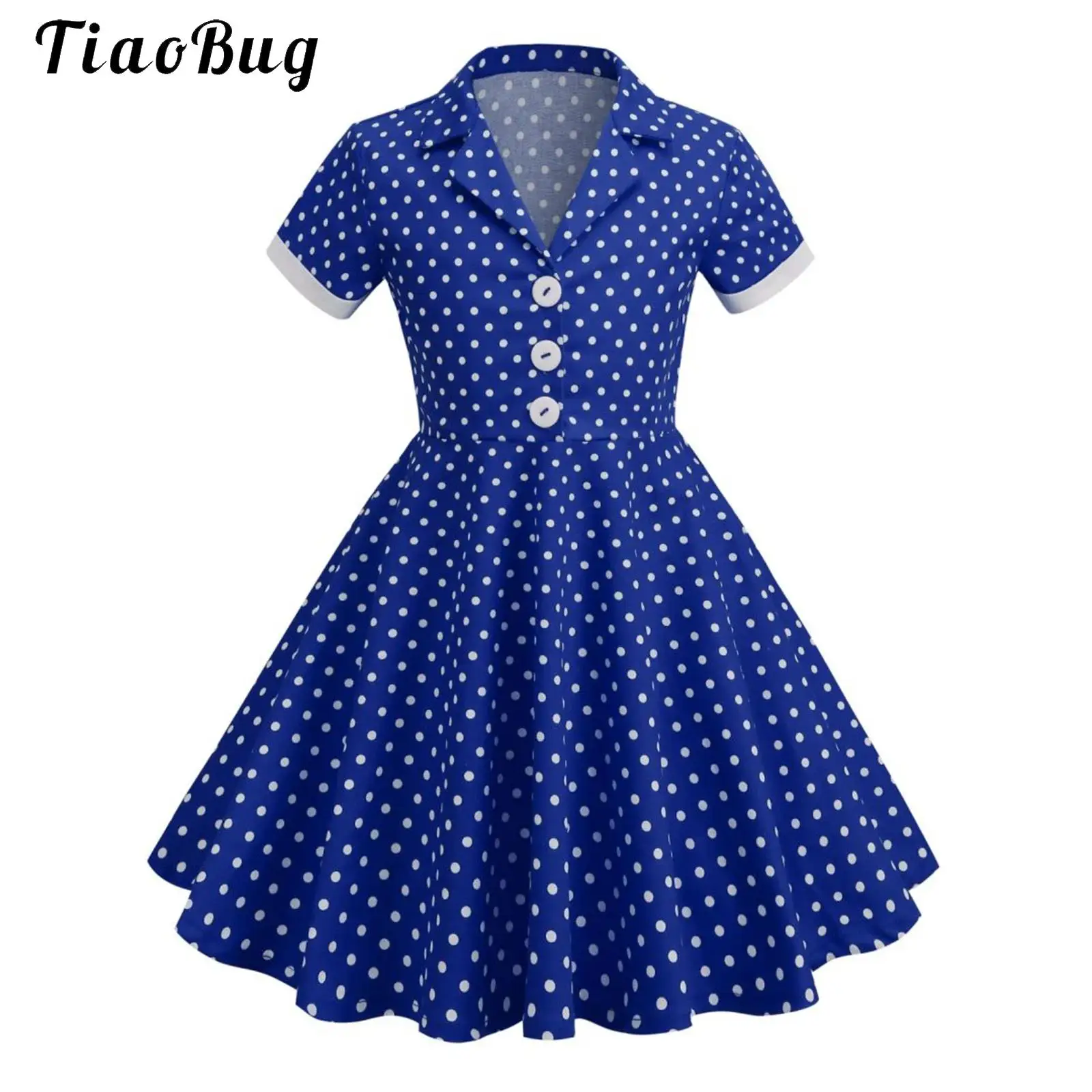 

Kids Girls Polka Dot Summer Dress Retro Notch Lapel Vintage Dress Femme Pin Up Rockabilly Prom Tea Party Dress 50s Dress Up