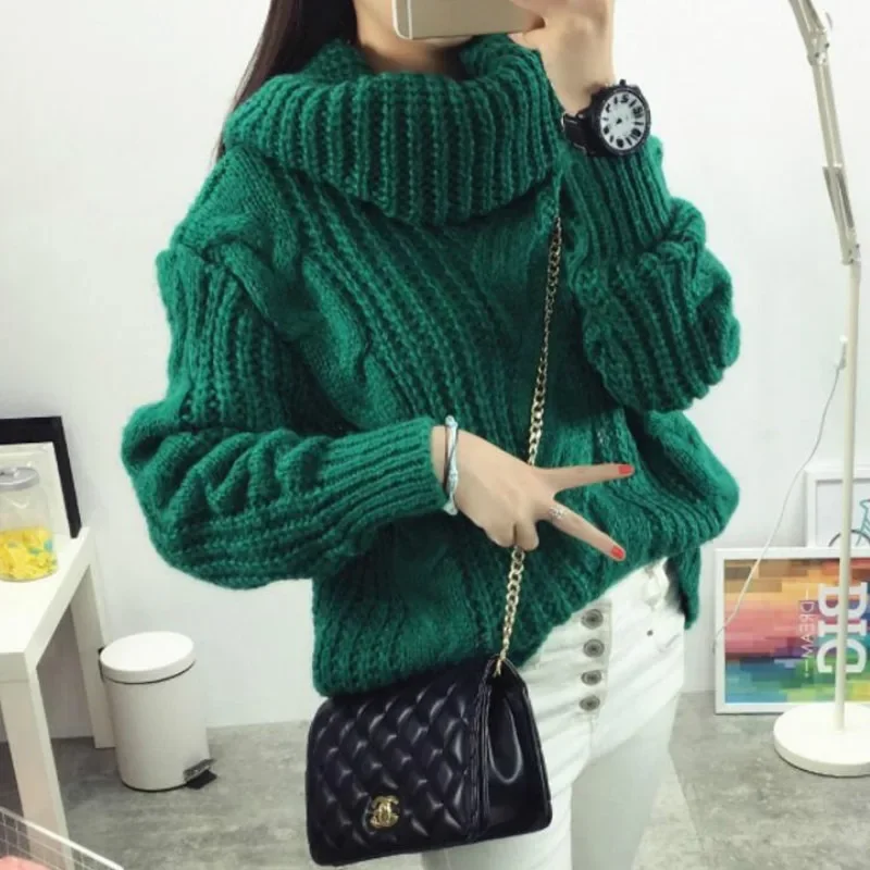 High Neck Loose Knitted Shirts Tops New Women Thicken Turtleneck Twist Sweater Winter Oversized Hemp Twist Crocheted Pullovers