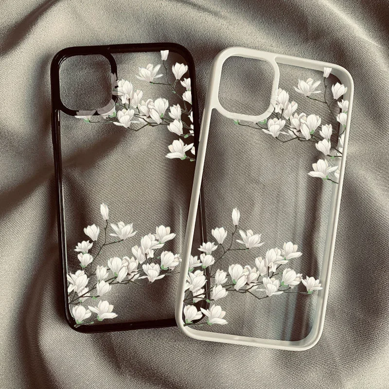 White Magnolia Flower Phone Case For iPhone 14 Pro 15 13 12Mini 11 XR XS Max 16 7 8Plus Plum Blossom Shockproof Clear Hard Cover