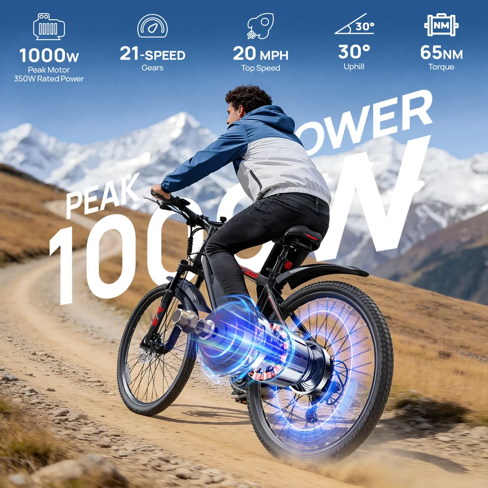 QNUT Electric Bicycle for Adults – 21‑Speed Gear 26" Mountain Electric Bike, 1000W Peak, 20MPH, 36V 10.4Ah Removable Battery, Aluminum Frame, UL 2849 Certified Ebike image 4