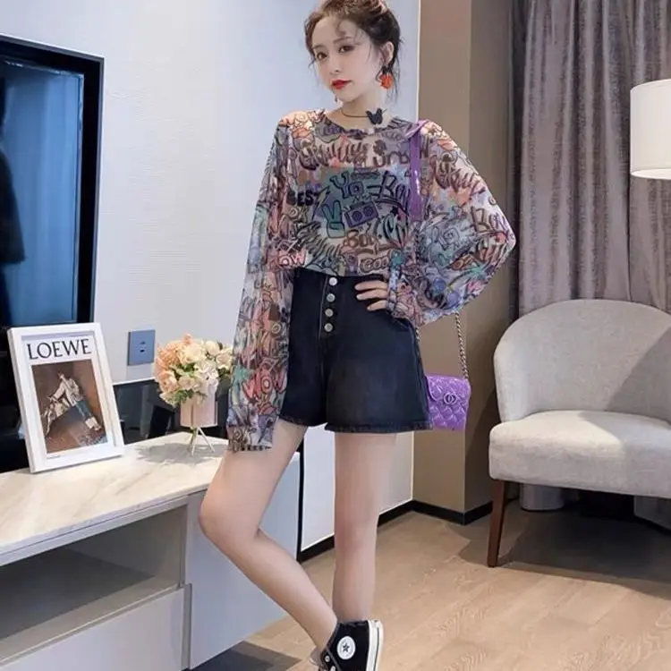 تي شيرت نسائي متعدد الاستخدامات بأكمام طويلة للصيف بنكهة هونج كونج ملابس فضفاضة ذات قميص سفلي ملابس شيفون #5