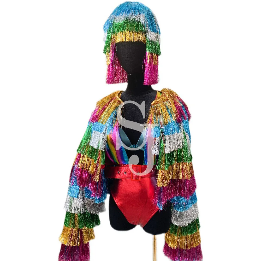 Bar Commercial Show Christmas Amusement Park Theme Party Costume Nightclub show Singer GOGO Fringed Jacket Wig Bodysuit