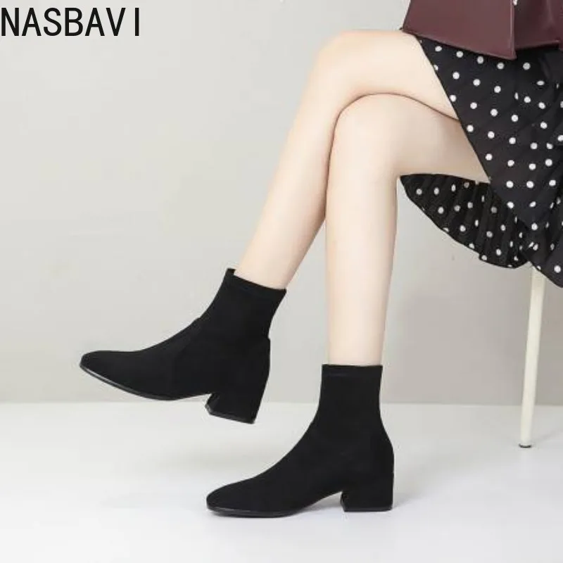 

NASBAVI Designer Women Modern Ankle Boots Fashion Pointed Toe Short Booties Ladies Casual Thick Heel Shoes
