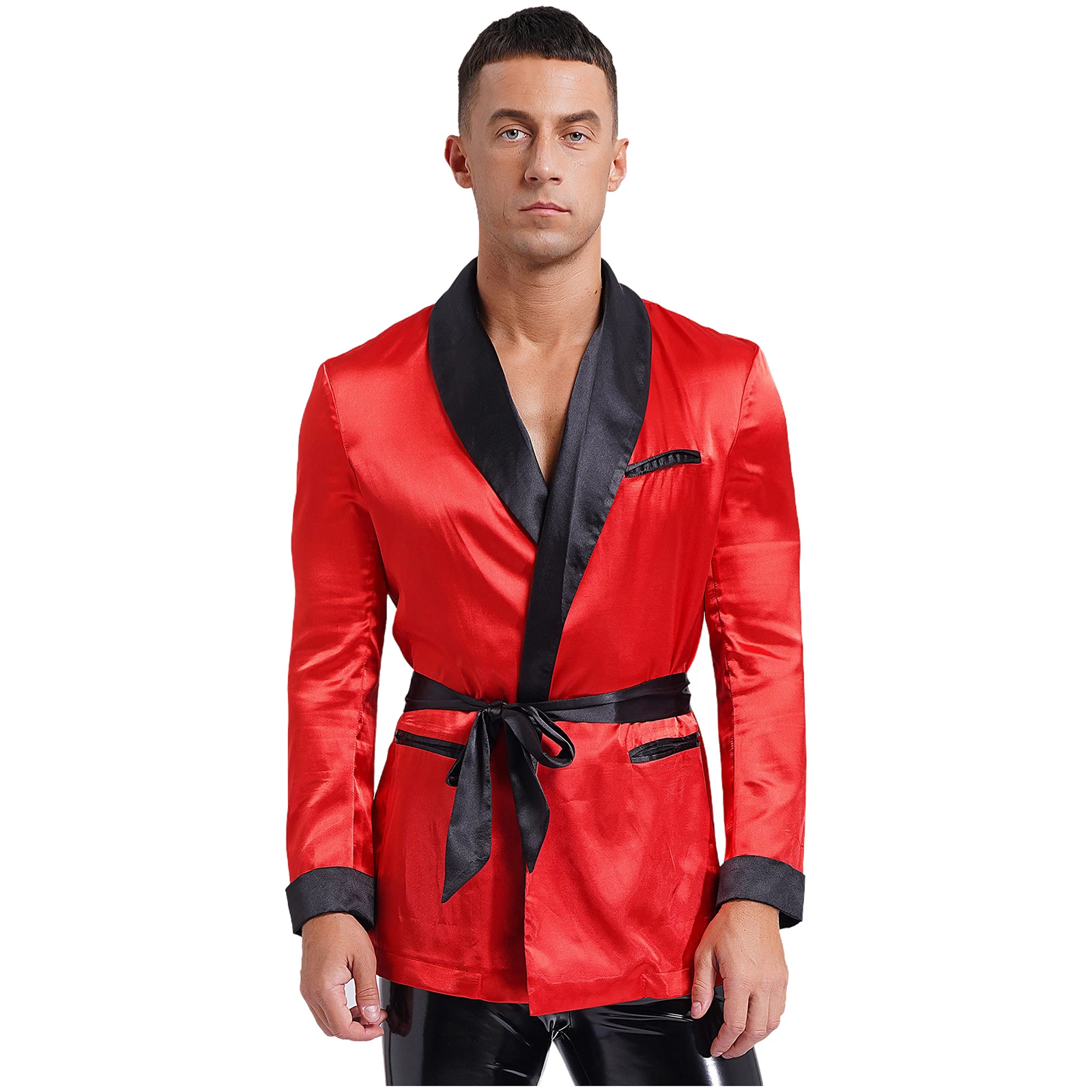 Men's Satin Smoking Short Robe Jacket with Belt Lapel Soft Long Sleeve Side Pockets Kimono Bathrobe Nightwear Sleepwear Shirts