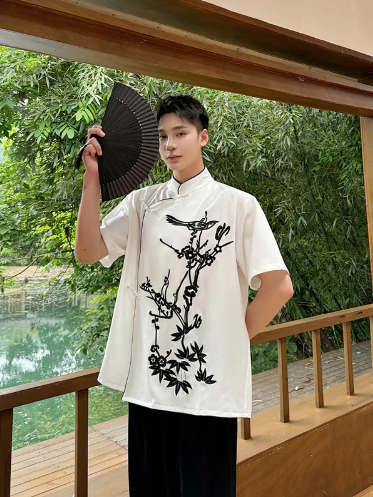 

Ice Silk Men's Shirt with Button Embroidery Slanting Collar Lightweight Breathable Summer Fashion Traditional Chinese Style
