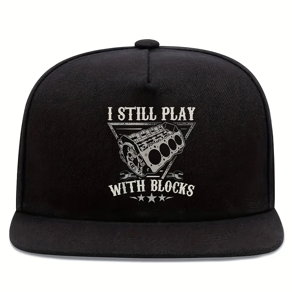 

1pc "I Still Play with Blocks" Engine-Themed Hip Hop Baseball Cap - Adjustable Flat Brim Hat for Men, Black with White Print,