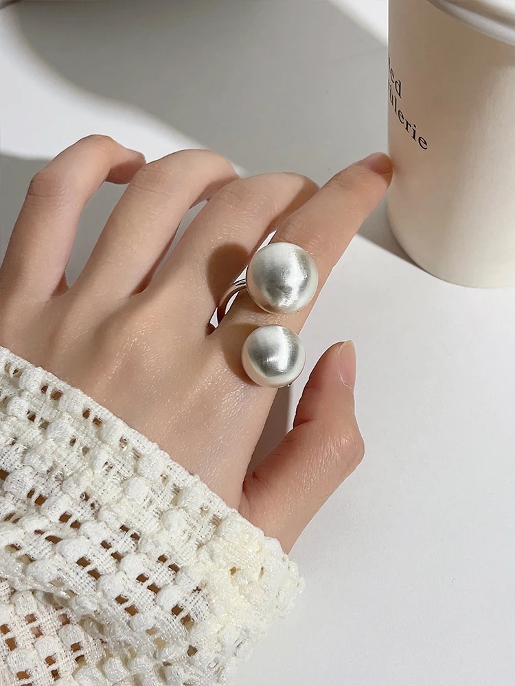 Ins Style Metal Brushed Sphere Ring for Women European Fashion Minimalist Index Ring Light Luxury Open Ring Jewelry