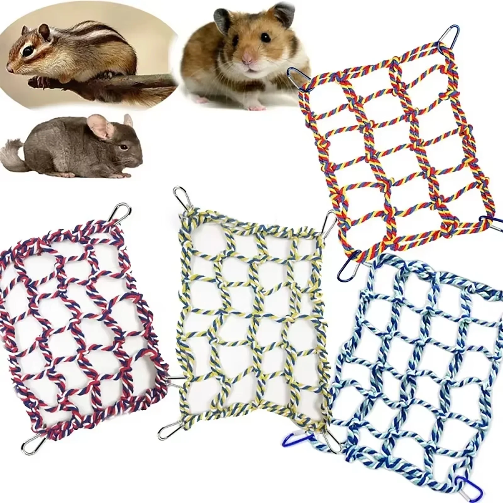 

Hamster Cotton Hammock Rope Parrot Toy Colorful Woven 4-hook Climbing Net Bird Hanging Swing Net Small Pet Fun Supplies