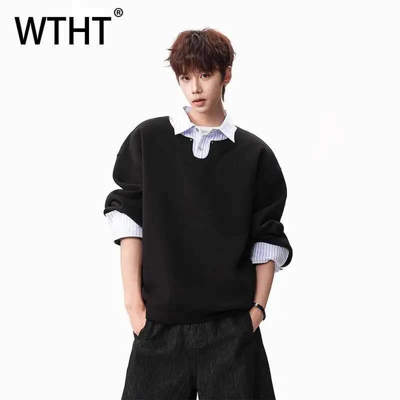 

WTHT Fashion Men's Spliced Striped Fake Two-pieve Design T-shirts Trendy Lapel Loose Contrast Color Tops Male 2026 Summer 2A2855