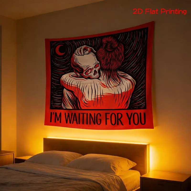 VIKAMA Wall Tapestry Dark Style Skeleton Embracing Tapestry Red and Black Retro I'm WAITING FOR YOU Text Printing Room
