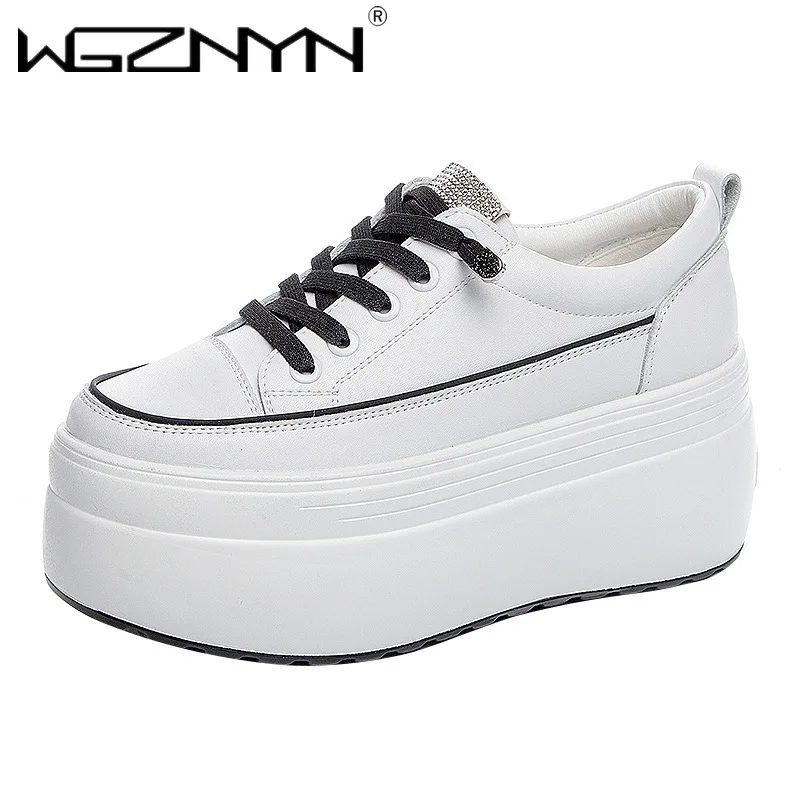 

Дизайнерские белые женские туфли из натуральной кожи на платформе 8 см на плоской подошве, удобные повседневные кроссовки на массивном каблуке, осенняя женская обувь