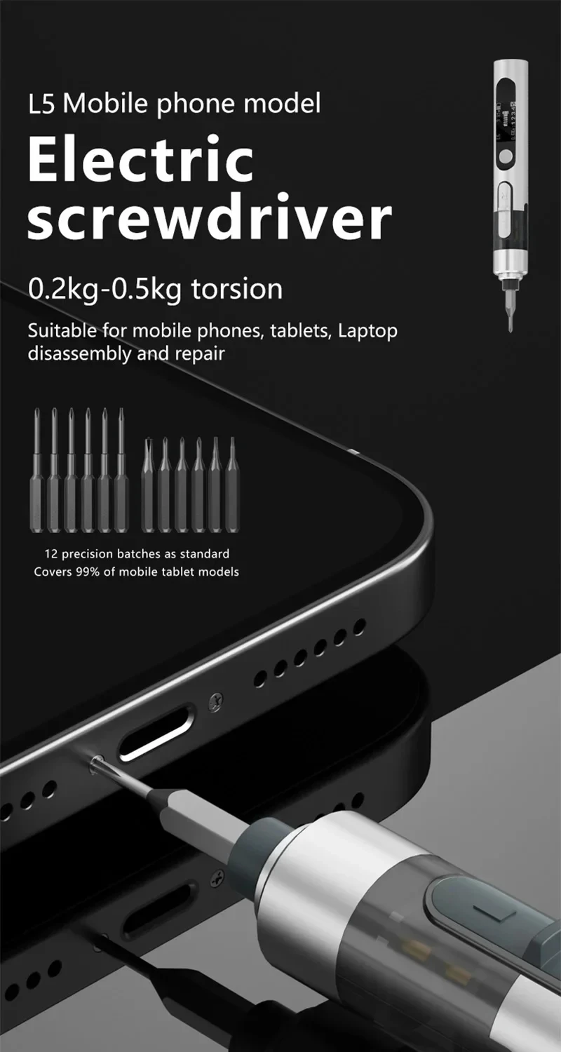 Obeng Listrik Cerdas MaAnt L5 Pro dengan Penyesuaian Torsi Ganda Cocok untuk Peralatan Rumah Tangga dan Alat Perbaikan Ponsel