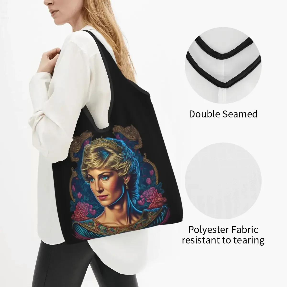 Princess Diana The Queen Of Hearts Portable Tote Shopping Bags Large Capacity Shopper Bag Groceries Handbag Shoulder Bag