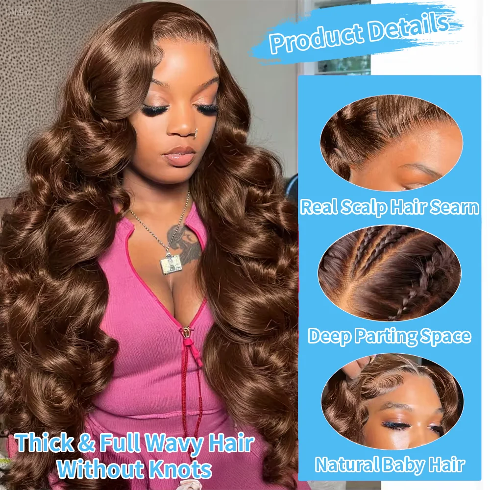 Kleberlose 7X5 Lace-Perücke, vorgeschnitten, 220 Dichte, schokoladenbraun, Body Wave, 100% Echthaar, wellig, nass und gewellt, brasilianisches Echthaar mit 13X6 HD Lace Frontal, vorgezupft. – Detail 3