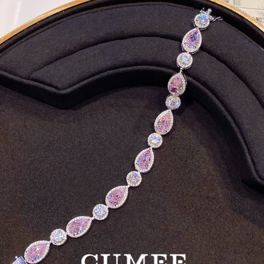 CUMEE Sterling Silver Bracelet Water Drop Cherry Blossom Pink Artificial Pink Diamond Bracelet. Silver Gold-plated