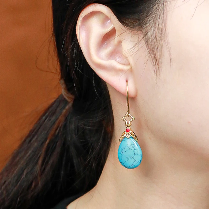 LEWIS SEGAL Teardrop Blue Turquoise Dangle Earring for Women Girl Luxury Medieval Style Vintage Fine Jewelry 18K Gold Plated