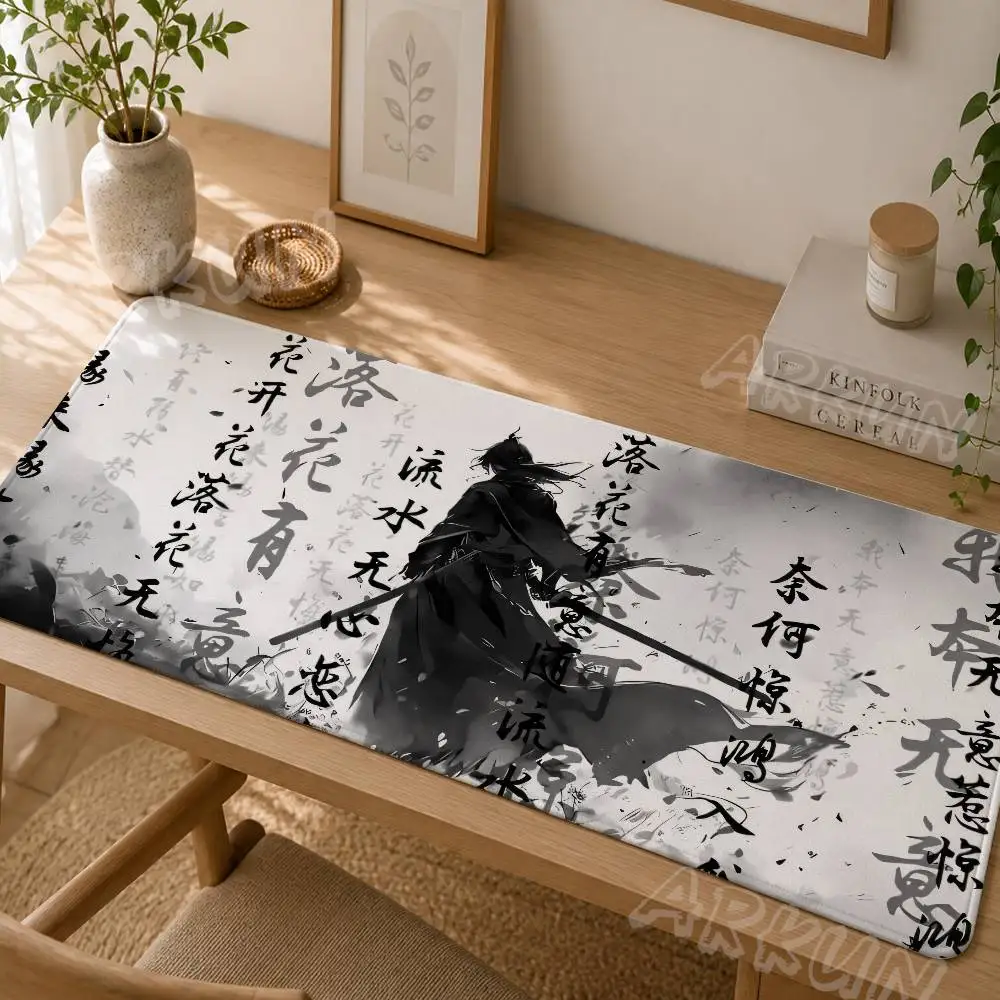Ink Warrior Mouse Pad, Traditional Shan Shui Bamboo Forest Calligraphy Large Black White Oriental Swordsman Silhouette Mat