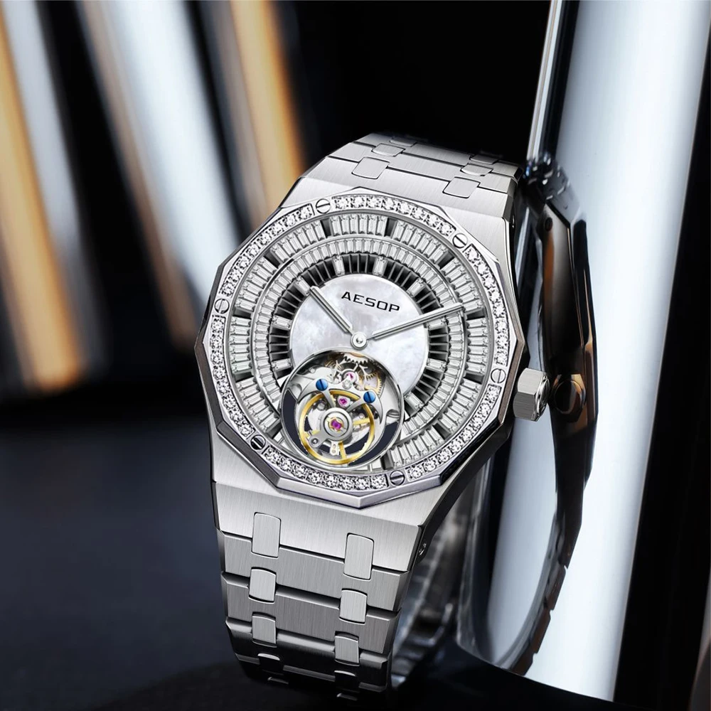 AESOP Automatic Tourbillon Mechanical Skeleton Watch For Man Watches Waterproof Wristwatches Sapphire Mirror Diamond luxury new