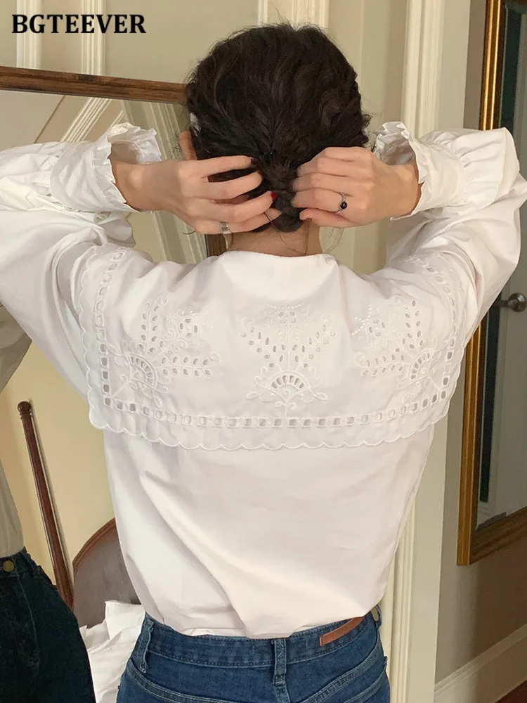 BGTEEVER Stylish Loose Embroidery Female Shirts Hollow Out Lapel Full Sleeve Ladies White Blouse Spring Summer Ladies Blusas