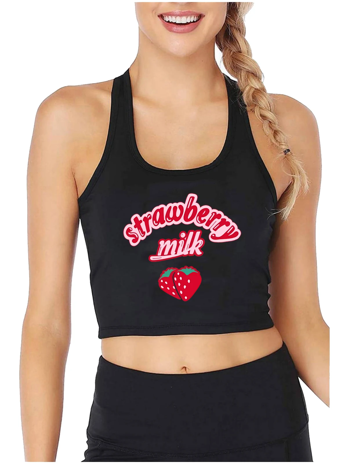 Strawberry Milk Graphical Sexy Slim Fit Crop Top Girl's Humorous Flirty Style Tank Tops Cute Funny Naughty Camisole