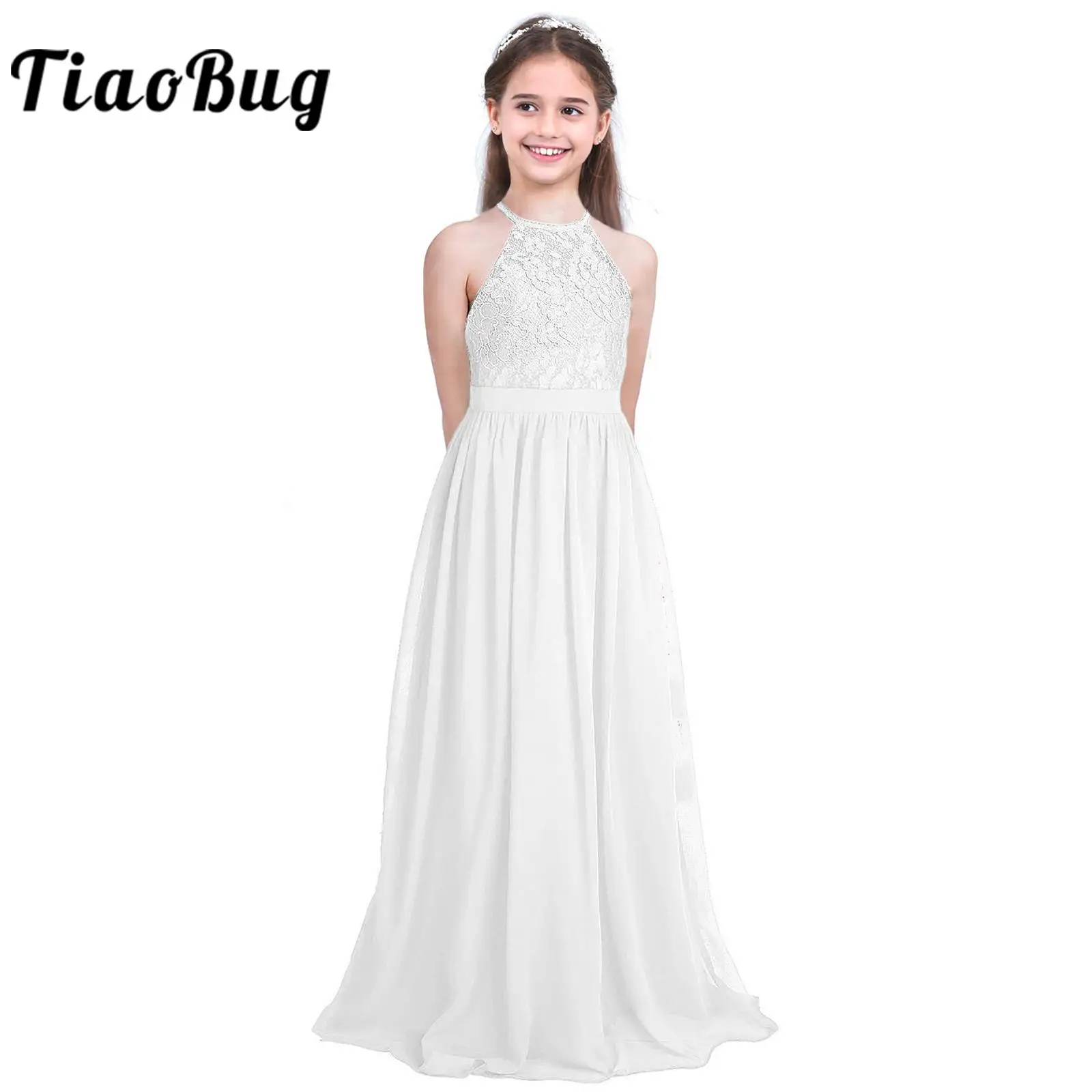 TiaoBug-vestido de encaje de gasa sin mangas para niña, vestido de flores con cuello Halter, vestido de princesa para desfile, corte en A, vestido Formal ahuecado para fiesta de boda, novedad